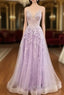 Lilac Evening Prom Dress, A-line V Neck Spaghetti Straps Long/Floor-Length Tulle Evening Prom Dress With Appliqued Sequins