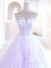 Lilac Purple Strapless Tulle Sheer A Line Evening Prom Dress