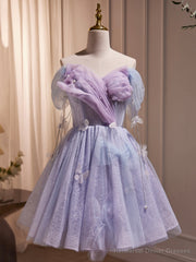 Purple Tulle Knee Length Birthday Party Formal Dress, Off the Shoulder Purple Prom Dress