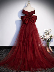 Burgundy V-Neck Satin Long Prom Dress, Mermaid Off Shoulder Evening Dress with Bow