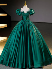 Green Satin Lace Floor Length Formal Dress, Short Sleeve A-Line Evening Dress