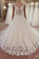 Long A-Line Appliques Lace Sweetheart Tulle Wedding Dress
