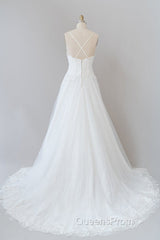 Long A-line Spaghetti Strap Applique Tulle Backless Wedding Dress