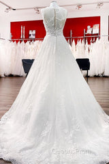 Long A-line Tulle Jewel Lace Appliques Wedding Dress