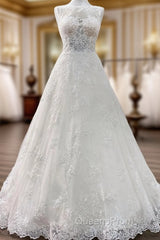 Long A-line Tulle Jewel Lace Appliques Wedding Dress