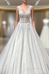 Long A-line V-neck Appliques Lace Backless Tulle Ruffles Wedding Dress