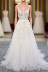 Long A-line V-neck Backless Appliques Lace Tulle Wedding Dress