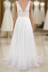 Long A-line V-neck Lace Tulle Open Back Wedding Dress