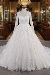 Long A-line V-neck Tulle Appliques Lace Wedding Dress with Sleeves