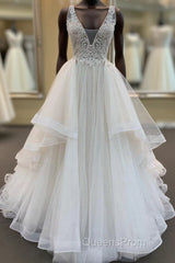 Long A-line V-neck Tulle Lace Wedding Dress