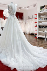 Long A-line V-neck Tulle Lace White Ruffles Wedding Dress