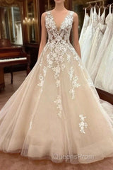 Long A-Line V-neck Wide Straps Backless Appliques Lace Tulle Wedding Dress