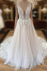 Long A-Line Wide Straps Tulle Floral Lace Wedding Dress