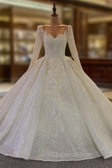 Long Ball Gown V Neck Sequins Wedding Dress with Sleeves