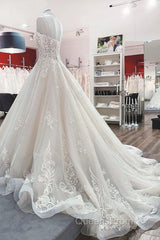 Long Ball Gown V-neck Spaghetti Straps Tulle Lace Wedding Dress
