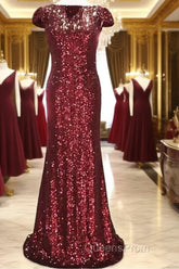 Long Burgundy Sequins Dropped Back Mermaid Bridesmaid Dress