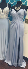 Long Chiffon V-Neck Off Shoulder Formal Dress Leg Slit Bridesmaid Dress