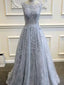 Long Custom Gray V-Back Scoop Tulle With Lace Appliques Prom Classy Prom Dress