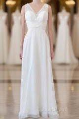 Long Empire A-line V-neck Lace Chiffon Open Back Wedding Dress