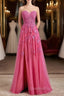 Long Fuchsia Evening Prom Dress Strapless A-Line Floral Formal Wear Slit