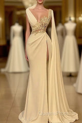 Long Mermaid Asymmetrical Ruffles Beading Satin Evening Prom Dress With High Slit