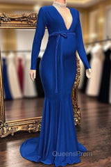 Long Mermaid Deep V-neck Pregnant Formal Evening Dress with Sleeves