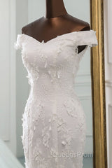 Long Mermaid Off Shoulder Lace-up Applique Lace Wedding Dress