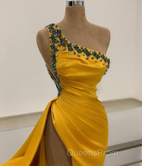 Long Mermaid One Shoulder Beading Backless Evening Prom Dress with Slit