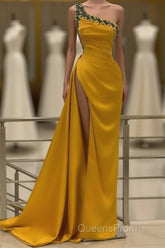 Long Mermaid One Shoulder Beading Backless Evening Prom Dress with Slit