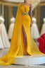 Long Mermaid One Shoulder Beading Tulle Evening Prom Dress with Slit