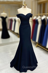 Long Mermaid Evening Prom Dress Navy Blue Off-the-shoulder Sweetheart Sleeveless