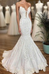 Long Mermaid Strapless Appliques Lace Satin Wedding Dress