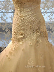 Long Mermaid Strapless Court Train Lace Organza Wedding Dress