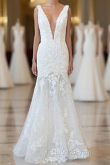 Long Mermaid V-neck Appliques Tulle Lace Wedding Dress