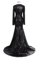 Long Mermaid V-Neck Black Sequins Evening Prom Dress with Sleeves