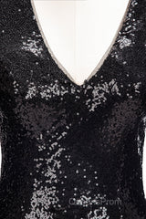 Long Mermaid V-Neck Black Sequins Evening Prom Dress with Sleeves
