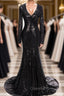 Long Mermaid V-Neck Black Sequins Evening Prom Dress with Sleeves