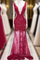 Long Mermaid V-neck Lace Appliques Evening Prom Dress with Slit