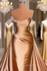 Long One Shoulder Evening Prom Dress Beaded Mermaid Pageants Gowns With Court Train