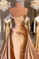 Long One Shoulder Evening Prom Dress Beaded Mermaid Pageants Gowns With Court Train