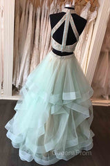 Long Open Back Mint Two Piece High Neck Organza Evening Prom Dress