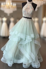 Long Open Back Mint Two Piece High Neck Organza Evening Prom Dress