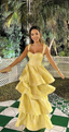 Vintage Pastel Yellow Ruffle Tiered A-Line Long Party Dress Classy Prom Dress