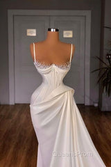 Long Pleated Satin Evening Dress White Mermaid Evening Prom Dress