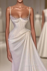 Long Pleated Satin Evening Dress White Mermaid Evening Prom Dress