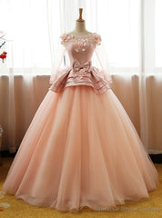 Long Prom Dress Party Gown 3D Floral Flower Long Sleeves Puffy Tulle