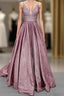 Long Evening Prom Dress Glitter V Neck With Pockets