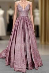 Long Evening Prom Dress Glitter V Neck With Pockets