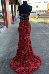 Long Evening Prom Dress Red Sequins Beaded Mermaid Evening Dress Straps
