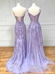 Long Purple Lace Evening Prom Dress,Unique A Line Formal Evening Dress